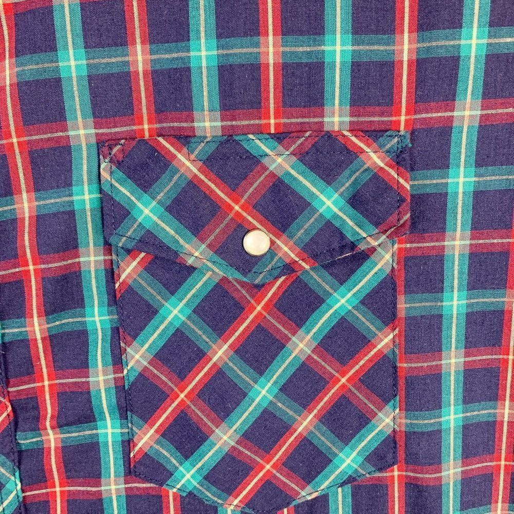 Wrangler Western Shirt Mens Large Blue‎ Red Plaid Pearl Snap Cowboy Ranch Farmer - Picture 4 of 12